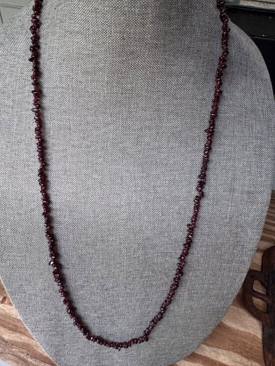 vintage Jewelry - Vintage Garnet Chip Bead Necklace 25” Double Strand Dark Red Stone Boho Jewelry